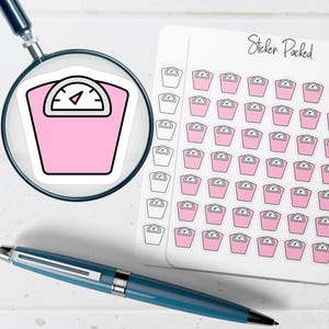 May include: A pink scale sticker is magnified by a magnifying glass. The sticker has a white face and a black outline. A sheet of stickers with the text "Sticker Packed" is visible. A blue pen is in the foreground.