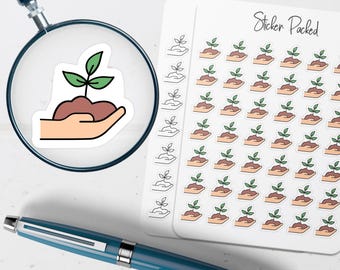May include: A sheet of stickers with a repeating design of a hand holding soil with a sprouting plant. The stickers are white with a black outline. The words "Sticker Packed" are written in black script.