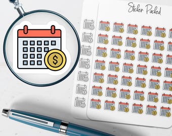 Könnte beinhalten: Ein Bogen Aufkleber mit Kalender- und Dollarzeichen-Designs. Die Aufkleber zeigen einen roten Kalender mit einem weißen Raster und einem goldenen Dollarzeichen. Auf dem Bogen steht "Sticker Packed".