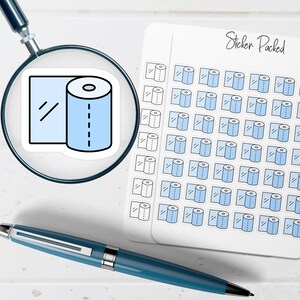 May include: A sheet of stickers featuring a light blue toilet paper roll design. The stickers are on a white background with the text "Sticker Packed". A magnifying glass and a blue pen are also in the image.