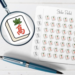 May include: A sheet of small square stickers featuring a mahjong tile design with a green leaf and red Chinese character. A magnifying glass shows a larger version of the tile, and the text Sticker Packed is printed at the top of the sheet.