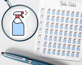 May include: A sticker sheet with multiple spray bottle stickers. The stickers are blue and white with red spray nozzles. A single spray bottle sticker is magnified by a magnifying glass. A blue pen is also in the image.