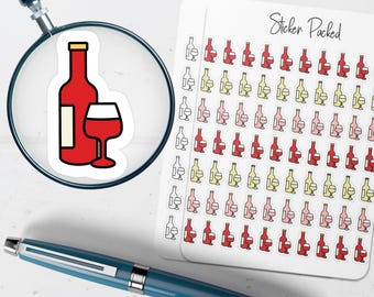 May include: A sticker sheet with wine-themed stickers. The stickers feature a red wine bottle and a wine glass. The sheet also has the text "Sticker Packed" at the top. A pen and a magnifying glass are also in the image.