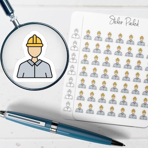 May include: A sheet of stickers with a construction worker design. The stickers feature a person wearing a yellow hard hat and a gray shirt. The words "Sticker Packed" are written on the sheet. A magnifying glass and a blue pen are in the image.