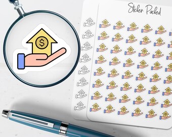 Könnte beinhalten: Ein Stickerbogen mit mehreren Aufklebern mit einem gelben Haus mit einem Dollarzeichen auf einer Hand. Die Aufkleber sind in einem sich wiederholenden Muster angeordnet. Eine Lupe ist auf einen einzelnen Aufkleber fokussiert. Ein blauer Stift befindet sich ebenfalls im Bild.