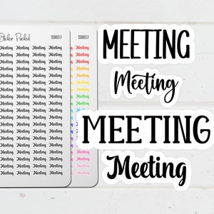 May include: A collection of stickers with the word "Meeting" in various fonts and sizes. Some stickers are arranged in rows, while others are individual. The word "Meeting" is written in black and in different colors.
