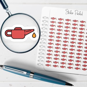 May include: A sheet of stickers featuring a red oil can design with a yellow oil drop. The stickers are on a white background. A magnifying glass and a blue pen are in the image.