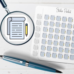 May include: A sticker sheet with multiple notebook and pencil stickers. A single notebook and pencil sticker is magnified by a magnifying glass. A blue pen is in the foreground. The sticker sheet is labeled "Sticker Packed".