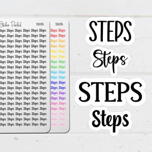 May include: A collection of stickers with the word "STEPS" in various fonts and sizes. Some stickers are white with black text, while others are in a rainbow of colors. Additional stickers feature the text "Steps Steps" repeated.