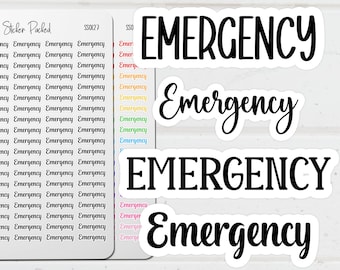 May include: A collection of emergency-themed stickers in various fonts and colors. The word "EMERGENCY" is displayed in bold and cursive styles. The stickers are on a white background.