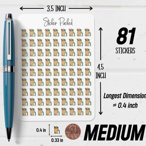 May include: A sheet of 81 medium-sized stickers, each featuring a brown paper grocery bag filled with groceries. The stickers are 0.4 inches in the longest dimension. The sheet is 3.5 inches wide and 4.5 inches tall. Text on the sheet reads "Sticker Packed".