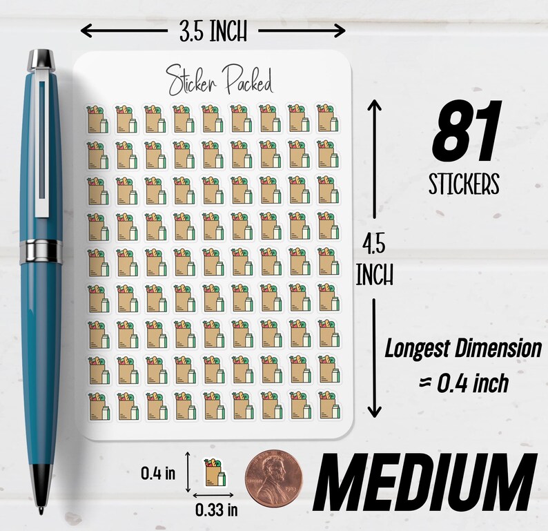 May include: A sheet of 81 medium-sized stickers, each featuring a brown paper grocery bag filled with groceries. The stickers are 0.4 inches in the longest dimension. The sheet is 3.5 inches wide and 4.5 inches tall. Text on the sheet reads "Sticker Packed".