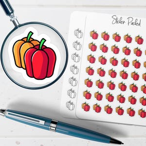 May include: A sheet of stickers featuring colorful bell pepper illustrations. The stickers include red, orange, and yellow peppers with green stems. The sheet also has the text "Sticker Packed". A magnifying glass and a blue pen are also in the image.
