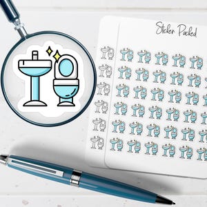May include: A sheet of stickers with a bathroom theme. The stickers feature a sink and toilet in a light blue and white color scheme. The words "Sticker Packed" are written on the sheet.