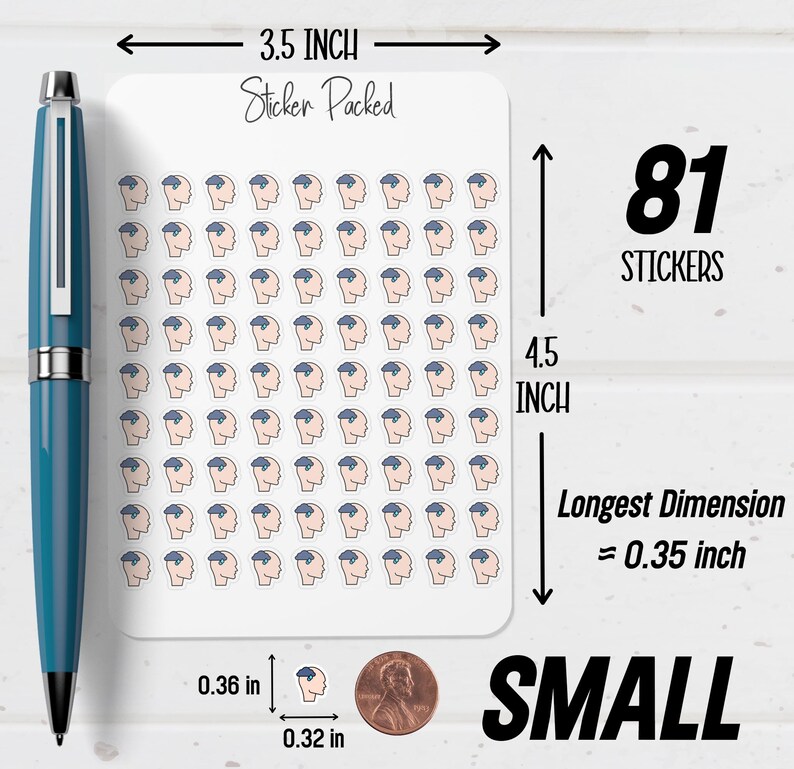 Peut inclure: Une feuille de 81 petits autocollants, chacun repr&eacute;sentant un profil de t&ecirc;te avec un cerveau. La feuille mesure 11,4 cm de haut et 8,9 cm de large. La plus grande dimension de chaque autocollant est de 0,9 cm. Le texte "Sticker Packed" est en haut.