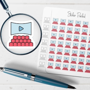 May include: A sheet of stickers with a movie theater theme. The stickers feature a blue screen with a play button and red theater seats. The words "Sticker Packed" are written in cursive.