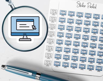 May include: A sticker sheet with multiple blue computer monitor stickers, and a single computer monitor sticker under a magnifying glass. A blue pen is in the foreground. The words "Sticker Packed" are written on the sticker sheet.