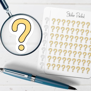 May include: A magnifying glass focuses on a yellow question mark sticker with a black outline. A sheet of stickers with multiple yellow question marks is visible, along with a blue pen. The stickers are labeled "Sticker Packed".