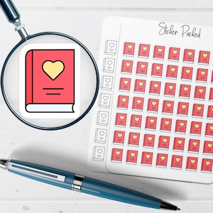 May include: A sheet of stickers featuring a red book with a yellow heart and two horizontal lines. The stickers are next to a magnifying glass and a blue pen. The text "Sticker Packed" is visible on the sheet.