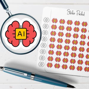 May include: A magnifying glass focuses on a red brain graphic with a yellow square containing "AI". A sheet of stickers with the same brain graphic and the text "AI" is visible. A blue pen is in the foreground. The stickers are labeled "Sticker Packed".