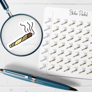 May include: A sticker sheet with multiple stickers of a cartoon joint, with smoke rising from the end. A single sticker is magnified by a magnifying glass. The text "Sticker Packed" is written on the sticker sheet.