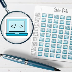May include: A sticker sheet featuring numerous blue laptop stickers, each with a code symbol. A magnifying glass highlights a single laptop sticker. A blue pen is in the foreground. The sticker sheet has the text "Sticker Packed".