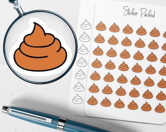 May include: A sheet of poop-shaped stickers with a magnifying glass showing a single sticker. The stickers are brown with a black outline. The words "Sticker Packed" are written on the sheet. A blue pen is in the foreground.