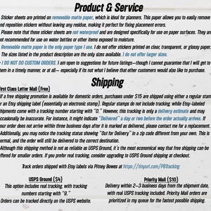 May include: Text on a white background provides product and shipping details. It describes sticker sheets, shipping options, and tracking. The text also states that custom orders are not available. Measurements are not included.