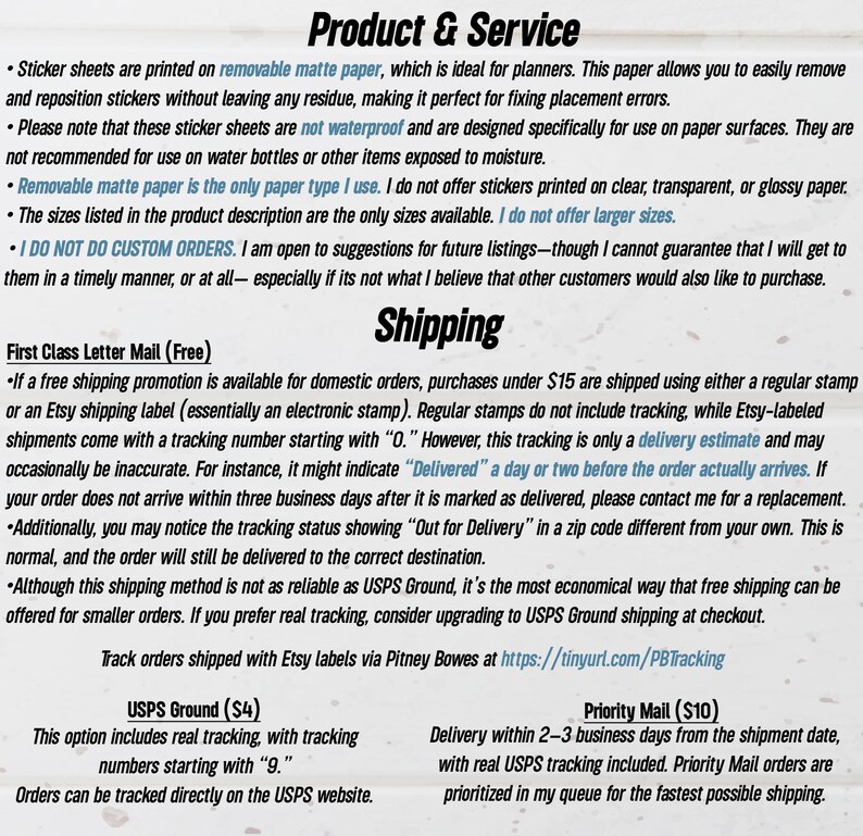 May include: Text on a white background provides product and shipping details. It describes sticker sheets, shipping options, and tracking. The text also states that custom orders are not available. Measurements are not included.