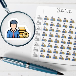May include: A sticker sheet with multiple stickers featuring a person with a blue suit and red tie, next to a stack of gold coins with a Bitcoin symbol. The words "Sticker Packed" are written on the sheet.