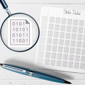 May include: A sheet of stickers featuring binary code, alongside a larger sticker with binary code viewed through a magnifying glass. A blue pen is in the foreground. The words "Sticker Packed" are on the sticker sheet.