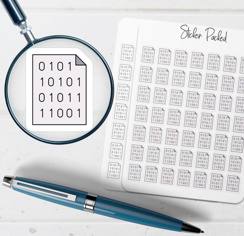 May include: A sticker sheet with multiple small binary code stickers and a larger sticker with binary code under a magnifying glass. A blue pen is in the foreground. The words "Sticker Packed" are on the sticker sheet.