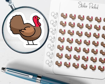 May include: A sheet of stickers with a cartoon turkey design. The stickers are brown with red accents and black outlines. A magnifying glass shows a single turkey sticker. A blue pen is also in the image.