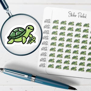 May include: A sheet of stickers featuring green turtle designs. One sticker is magnified, showing a large turtle with a smaller turtle. The sheet has multiple small turtle stickers. The text "Sticker Packed" is visible.