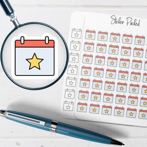 May include: A sticker sheet with calendar-themed stickers, each featuring a light blue background, a red top, and a gold star. The sheet is labeled "Sticker Packed". A blue pen and a magnifying glass are also in the image.