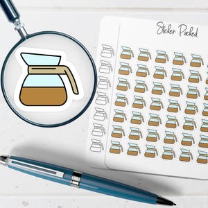 May include: A sticker sheet with multiple coffee pot stickers, and a single coffee pot sticker magnified by a magnifying glass. The coffee pot stickers are brown and white. The sticker sheet has the words "Sticker Packed" in black script.