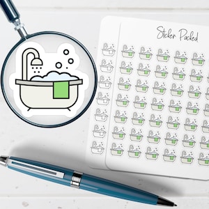 May include: A sheet of stickers featuring a bathtub design with a shower head, bubbles, and a green towel. The stickers are white with black outlines and are labeled "Sticker Packed."