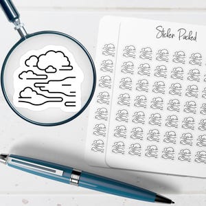 May include: A sheet of small, black-outlined cloud stickers with the text Sticker Packed at the top. One sticker is magnified by a magnifying glass, showing a detailed view of the cloud design. A blue pen is positioned at the bottom of the frame.