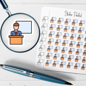 May include: A sheet of stickers with a repeating design of a person at a podium in front of a screen. The stickers are in a variety of colors, including orange, blue, and black. The words "Sticker Packed" are written in cursive.