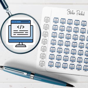 May include: A sheet of stickers with a computer monitor design, each with a code symbol. A sticker with a magnified view of a computer monitor with code symbols is visible. A blue pen is also in the image.
