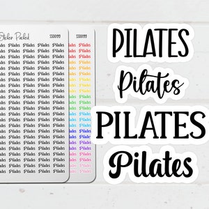 Pilates Planner Sticker Main Listing Image. An example of the word sheet is to the left, with a variety of different script fonts to choose from on the right.