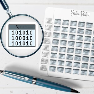 May include: A sheet of stickers featuring binary code, with one sticker magnified by a magnifying glass. The magnified sticker displays the binary code 101010, 100010, and 101010. A blue pen is also visible.