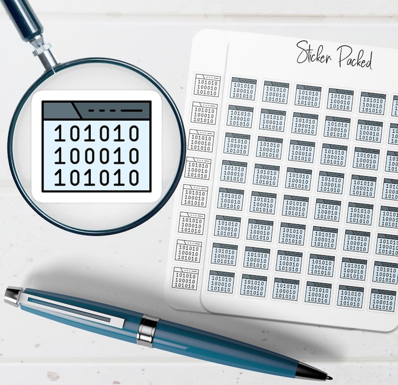 May include: A sticker sheet with multiple binary code stickers and a sticker that is magnified by a magnifying glass. The magnified sticker shows the binary code 101010, 100010, and 101010. A blue pen is also in the image.