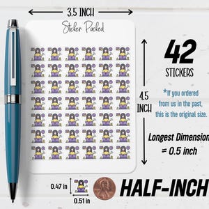 May include: A sheet of 42 stickers featuring a woman working on a laptop. The stickers are 0.5 inches in the longest dimension and 0.47 x 0.51 inches in size. The sheet is 3.5 x 4.5 inches and labeled "Sticker Packed".