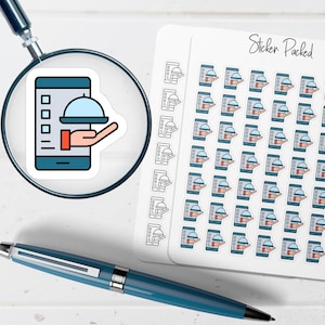 May include: A sheet of stickers featuring a smartphone icon with a hand holding a cloche, suggesting food delivery. The stickers are in a repeating pattern. The text "Sticker Packed" is visible.