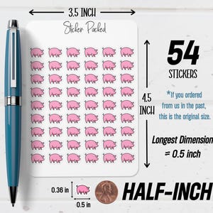 May include: A sheet of 54 pig stickers, each approximately 0.5 inches in length. The stickers are pink and feature a pig illustration. The sheet is 3.5 inches wide and 4.5 inches tall, with the text "Sticker Packed".