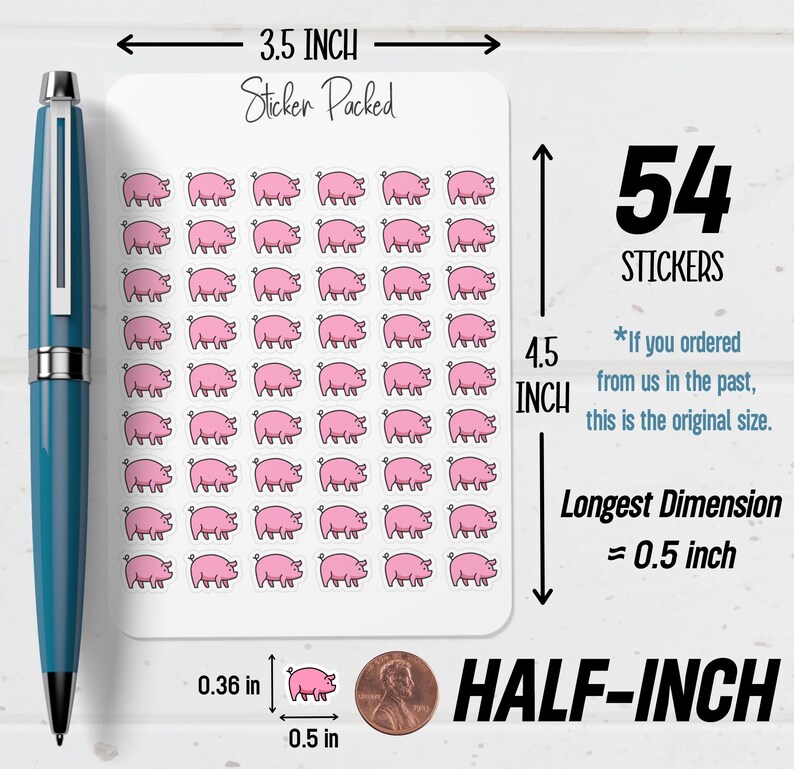 May include: A sheet of 54 pig stickers, each approximately 0.5 inches in length. The stickers are pink and feature a pig illustration. The sheet is 3.5 inches wide and 4.5 inches tall, with the text "Sticker Packed".