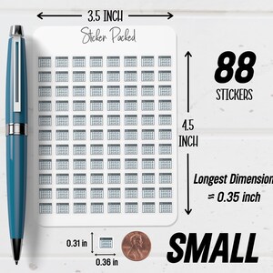 May include: A sheet of small stickers with a grid pattern, each measuring approximately 0.36 inches. The sheet is labeled "Sticker Packed" and contains 88 stickers. A blue pen is positioned to the left of the stickers.