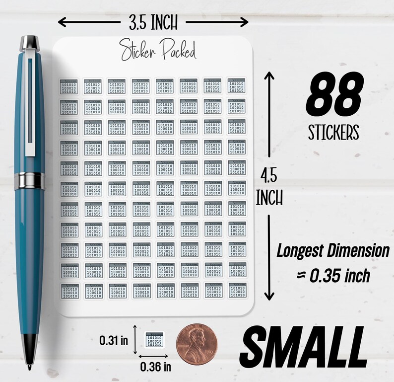 May include: A sheet of small stickers with a grid pattern, each measuring approximately 0.36 inches. The sheet is labeled "Sticker Packed" and contains 88 stickers. A blue pen is positioned to the left of the stickers.