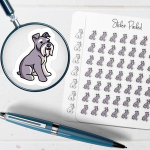 May include: A sheet of stickers featuring a cartoon Schnauzer dog in grey and white. A magnifying glass shows a close-up of the dog sticker. A blue pen is in the foreground. The sheet is labelled "Sticker Packed".